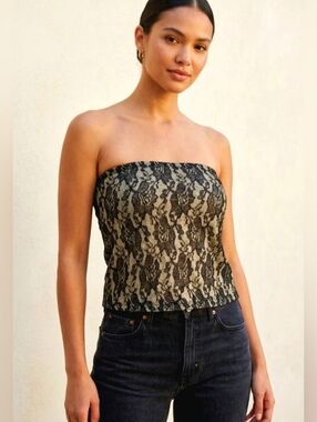 Fairy Grunge Black Lace Corset Style sparkly Tube Top Y2K Gold Accents,  Size L